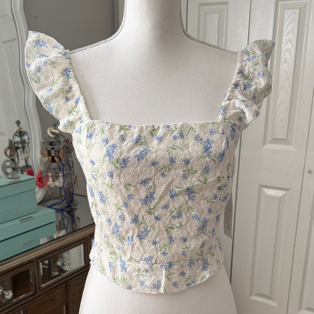 KIRIOUS Los Angeles -Cream Floral Ruffle-Strap Top - Bow Back Blue/Green Floral